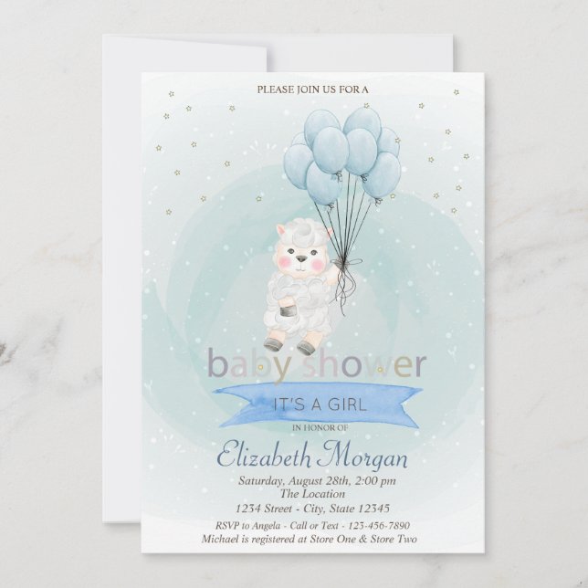 Invitación Ducha de bebé Oveja Corderito Globos Estrellas Azu (Anverso)