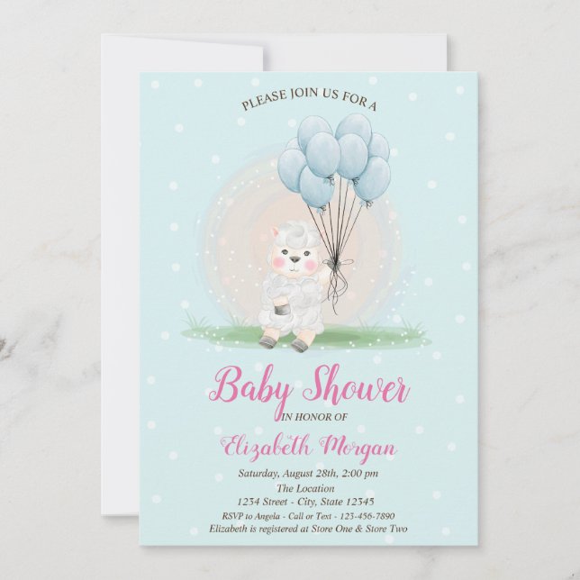 Invitación Ducha de Bebé Ovejita Corderito Lunares Azules (Anverso)