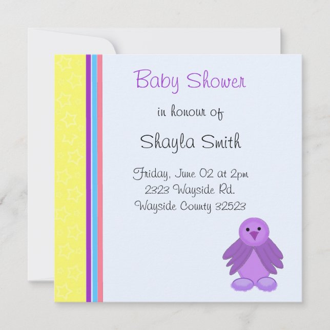 Invitación Ducha de Bebé Pajarito Morado (Anverso)