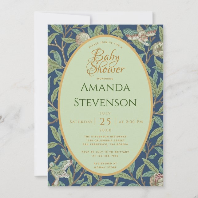 Invitación Ducha de Bebé Pájaros Granada Hojas Verdes Morris (Anverso)