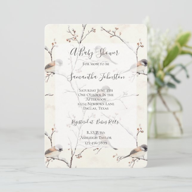 Invitación Ducha de bebé Pájaros románticos en un árbol (Anverso de pie)