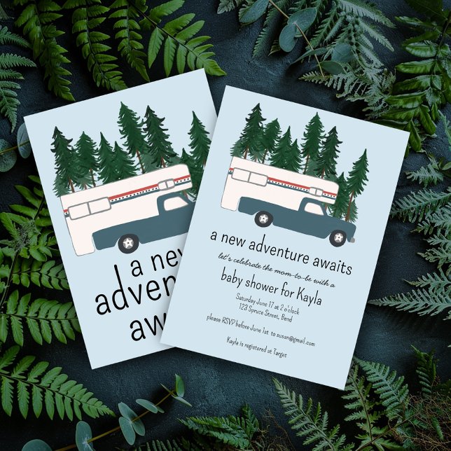 Invitación Ducha de bebé para autocaravana antigua (Adventure Awaits Baby Shower Invitation Vintage Truck Camper RV Motorhome Vanlife Camping )