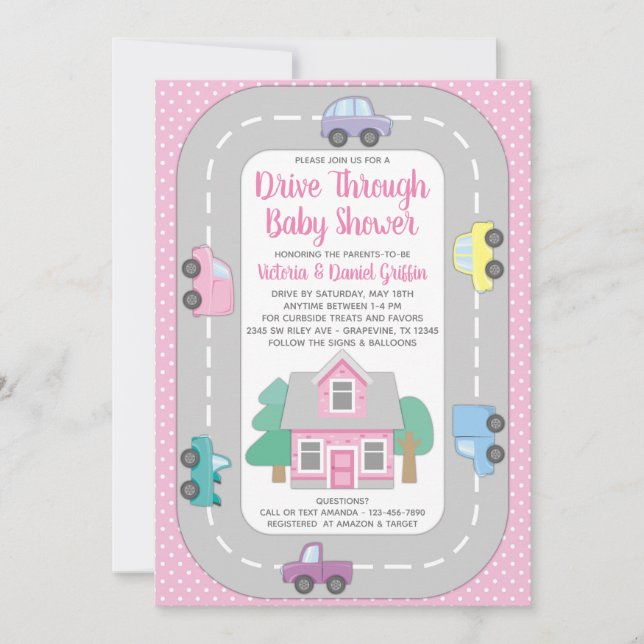 Invitación Ducha de bebé para chicas en el coche (Anverso)