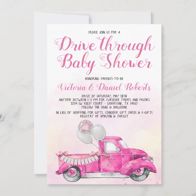 Invitación Ducha de bebé para chicas en el coche (Anverso)