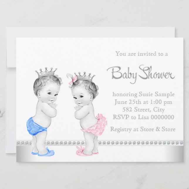 Invitación Ducha de Bebé para Gemelos Rosa y Azul (Anverso)