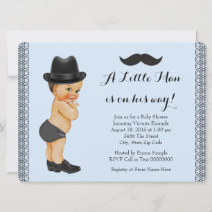 Invitación Ducha de bebé para hombrecito con bigote azul y ne