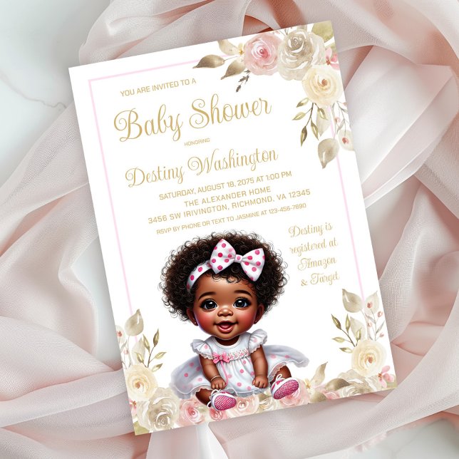 Invitación Ducha de Bebe para Niña Afroamericana con Oro Rosa (Sweet baby girl in pretty dress baby shower invitation. Simply add your event details.)