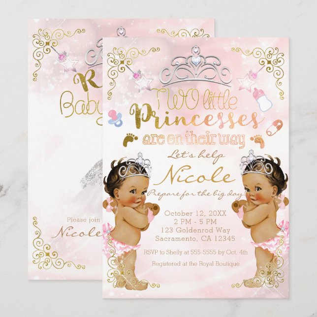 Invitación Ducha de Bebé para Niñas Gemelas Princesa Destello (Anverso / Reverso)