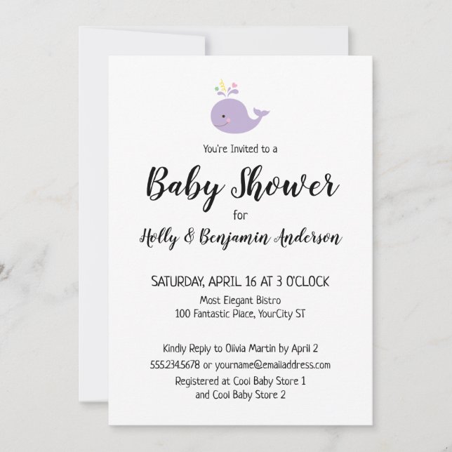 Invitación Ducha de Bebé para Parejas Ballena Lavanda Simple (Anverso)