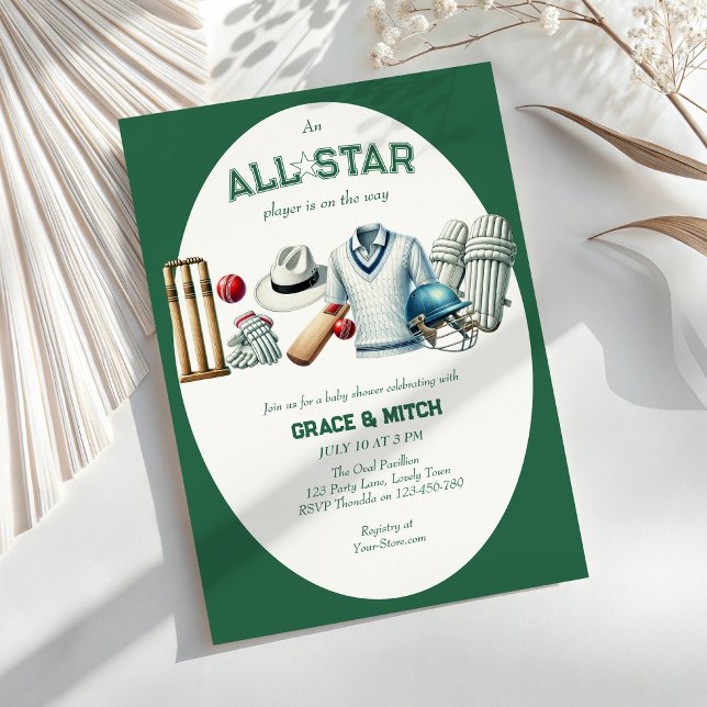 Invitación Ducha de bebé para parejas de jugador estrella de  (All Star Cricket Player Baby Shower invitation)