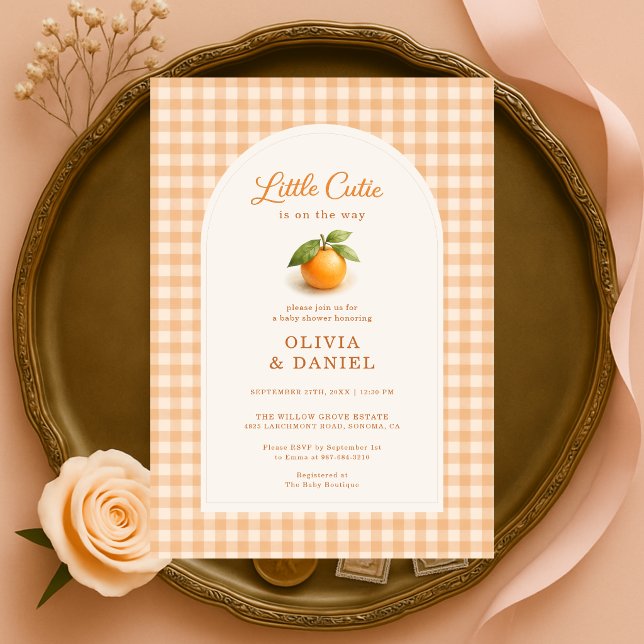 Invitación Ducha de bebé para parejas de naranja Gingham Litt (Subido por el creador)