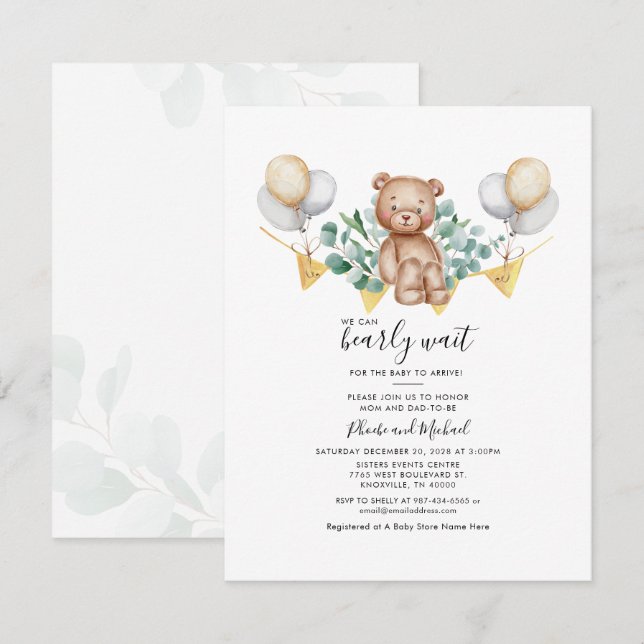 Invitación Ducha de bebé para parejas de osito lindo botánico (Anverso / Reverso)
