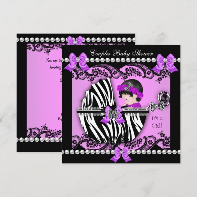 Invitación Ducha de Bebé para Parejas Niña Cebra Morado (Anverso / Reverso)