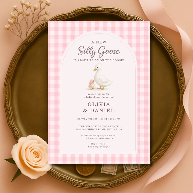 Invitación Ducha de bebé para parejas Silly Goose Pink Gingha (Subido por el creador)