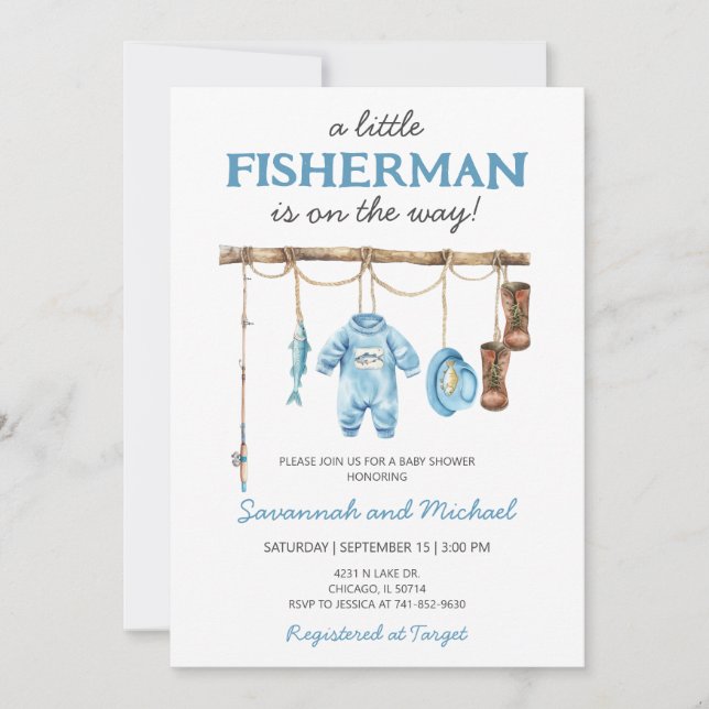 Invitación Ducha de bebé para pequeño pescador (Anverso)