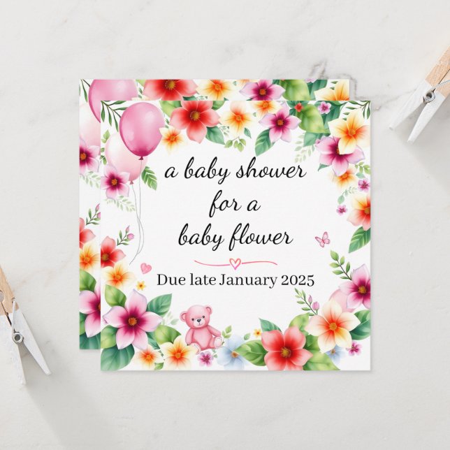 Invitación Ducha de bebé para una niña con acuarela floral (Anverso/Reverso In Situ)