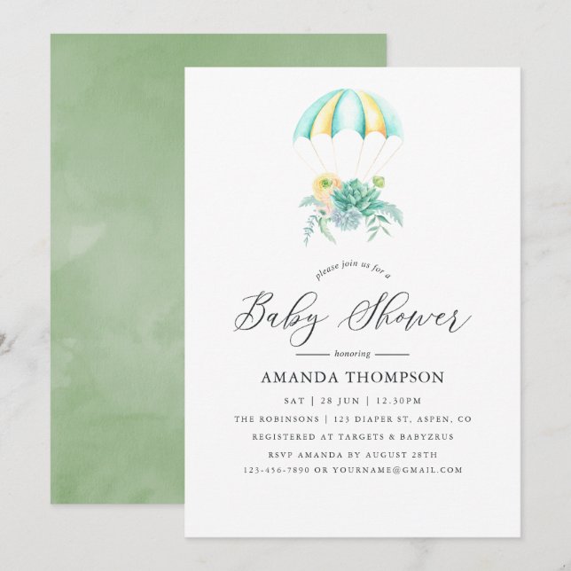 Invitación Ducha de Bebé Paracaídas de Ramo Floral (Anverso / Reverso)