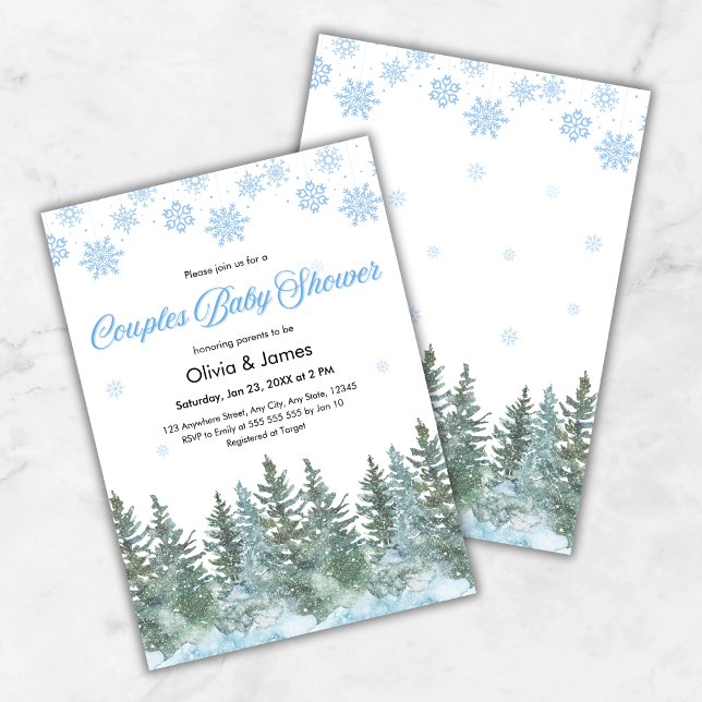 Invitación Ducha de Bebé Parejas de Invierno Pinos Copos de N (Snowflakes Pine Trees Winter Couples Baby Shower Invitation  )