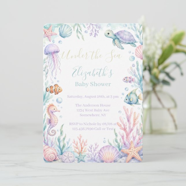 Invitación Ducha de Bebé Pastel Bajo El Mar  (Anverso de pie)