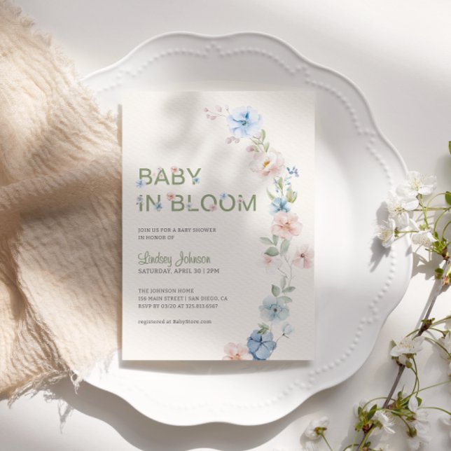 Invitación Ducha de bebé Pastel Rosa Azul Primavera en Flor (Subido por el creador)
