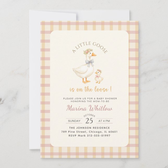 Invitación Ducha de Bebé Pato con Lazo de Gingham (Anverso)