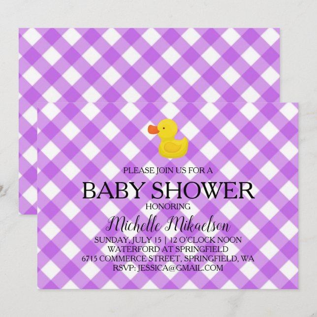 Invitación Ducha de Bebé Pato de Goma a Cuadros Morado (Anverso / Reverso)