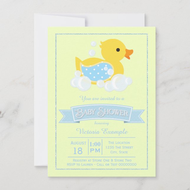 Invitación Ducha de Bebé Pato de Goma Azul Amarillo Adorable (Anverso)