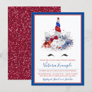Invitación Ducha de bebé patriótica unicornio rojo blanco azu