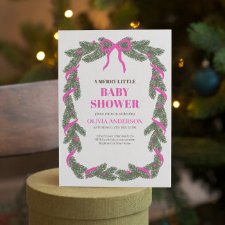Invitación Ducha de Bebé Pequeño Alegre Elegante Lazo Rosa