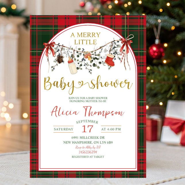 Invitación Ducha de Bebé Pequeño Alegre Gingham Navideño Rúst (Subido por el creador)