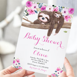 Invitación Ducha de Bebé Perezoso Floral Rosa y Dormido