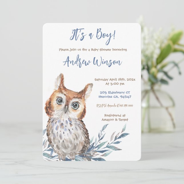 Invitación Ducha de Bebé Personalizada de Búho Azul (Anverso de pie)