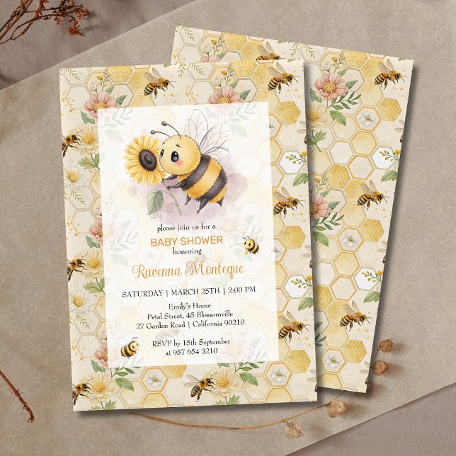 Invitación Ducha de Bebe Personalizada Floral Panal de Abeja (Subido por el creador)