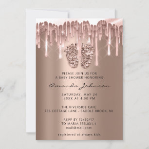 Invitación Ducha de Bebé Pies Brillo Rosa Goteo Niño Niña