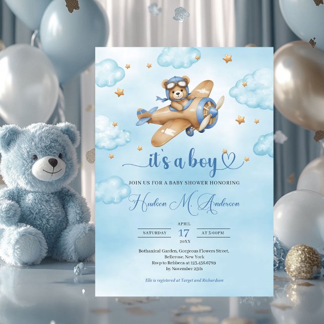 Invitación Ducha de bebé piloto de oso de peluche (teddy bear pilot brown and blue boy baby shower invitation)