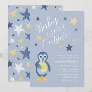 Invitación Ducha de Bebé Pingüino de Invierno Azul Amarillo