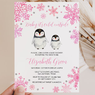 Invitación Ducha de Bebé Pingüino de Invierno Rosa