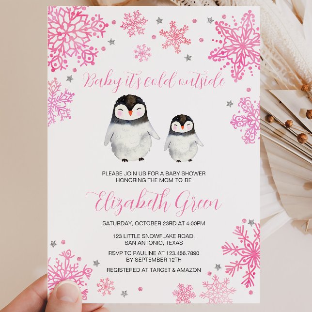 Invitación Ducha de Bebé Pingüino de Invierno Rosa (Subido por el creador)