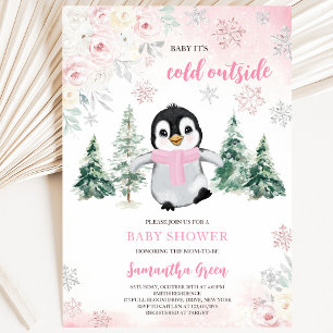 Invitación Ducha de Bebé Pingüino de Invierno Rosa