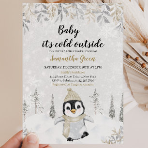 Invitación Ducha de Bebé Pingüino Plateado Dorado