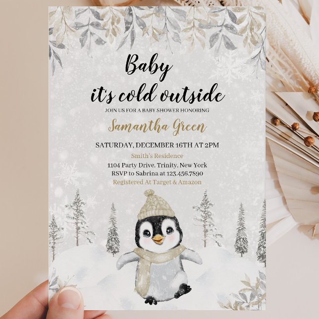 Invitación Ducha de Bebé Pingüino Plateado Dorado (Subido por el creador)