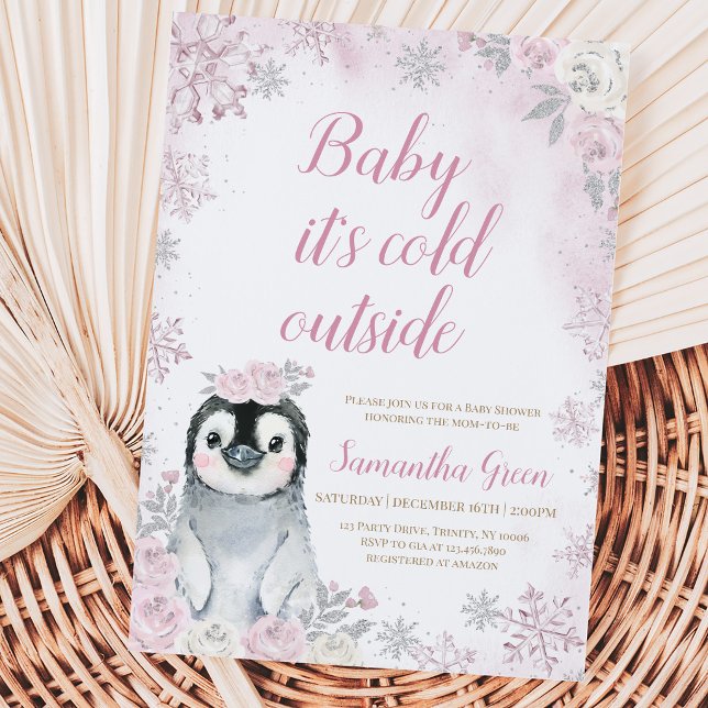 Invitación Ducha de Bebé Pingüino Plateado Rosa (Subido por el creador)