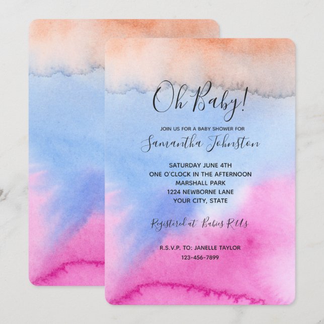 Invitación Ducha de bebé Pink Blue Peach Tie dye (Anverso / Reverso)