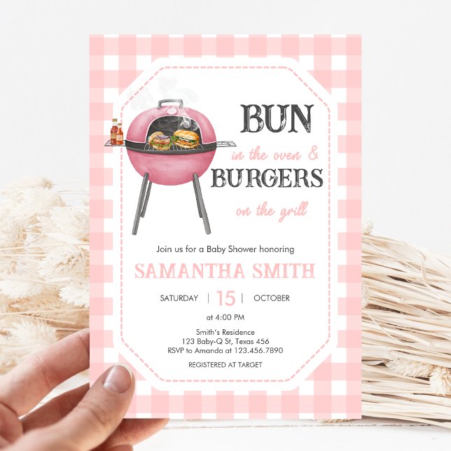 Invitación Ducha de bebé Pink Burger BBQ (Bun and Burgers Baby Shower Invitation)