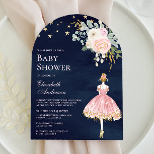Invitación Ducha de bebé Pink Gold Floral Ballerina Arch Navy