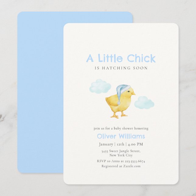 Invitación Ducha de Bebé Pollo Pequeño de Nube Azul Celeste (Anverso / Reverso)