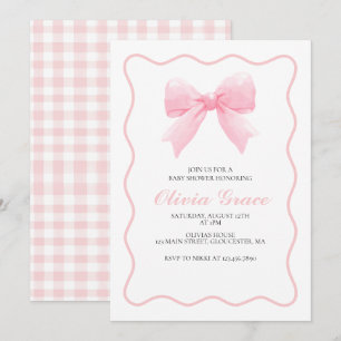 Invitación Ducha de bebé preppy con lazo rosa y cuadros gingh