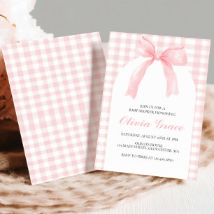 Invitación Ducha de bebé preppy con lazo rosa y cuadros gingh