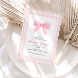 Invitación Ducha de bebé preppy con lazo rosa y cuadros gingh