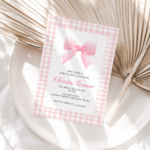 Invitación Ducha de bebé preppy con lazo rosa y cuadros gingh